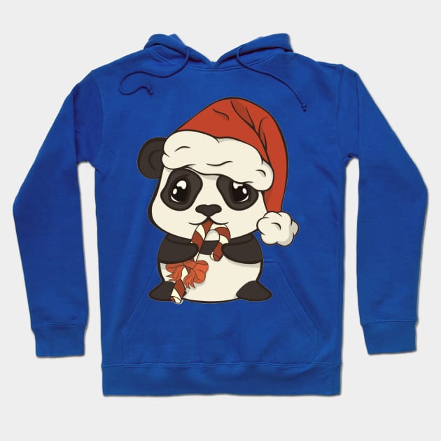 Cute Christmas panda bear in red Santa's hat with pompon eat sugar lollipop striped stick Hoodie by amramna